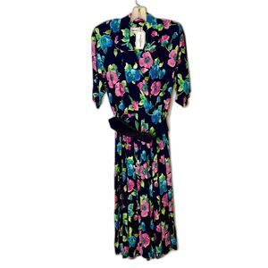 Vintage 80s Karin Stevens Floral Midi Dress Navy Pink Blue Faux Wrap Size M